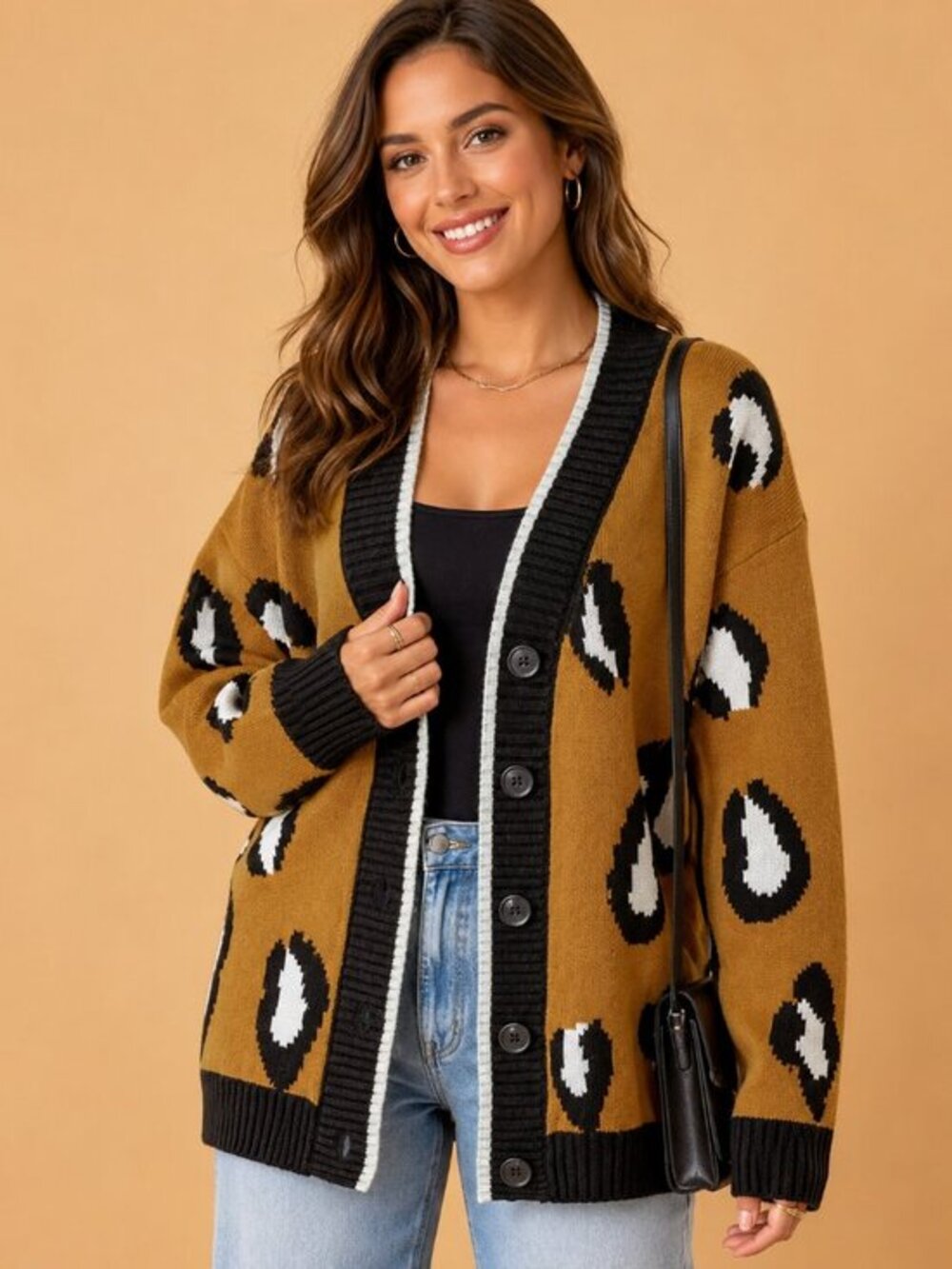 Leopard Print Oversized Button Front Cardigan Sweater Tan Black NWT